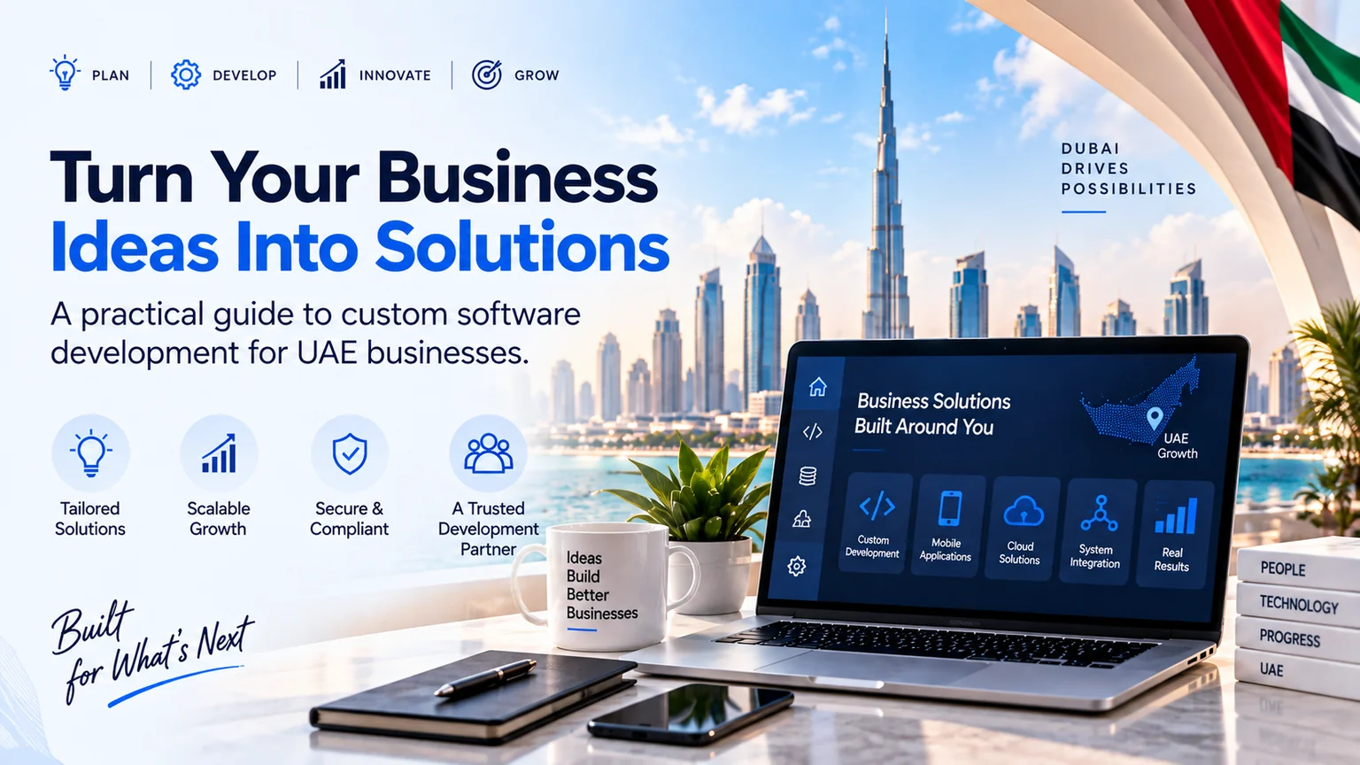 Custom software development solutions for UAE businesses with tailored planning, development and growth icons and the Dubai skyline